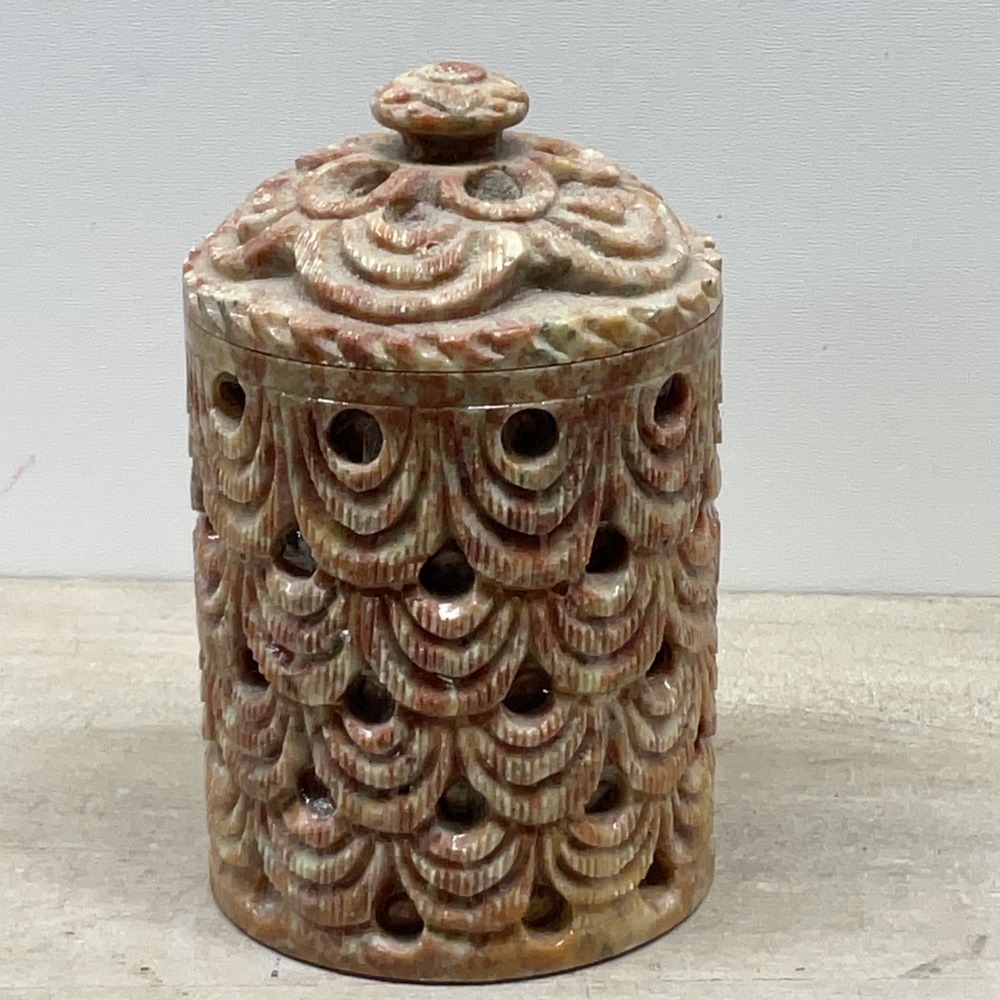 Hand Carved Soapstone Jar Scalloped Lattice Perforated Red Tan Stone 4 Inch